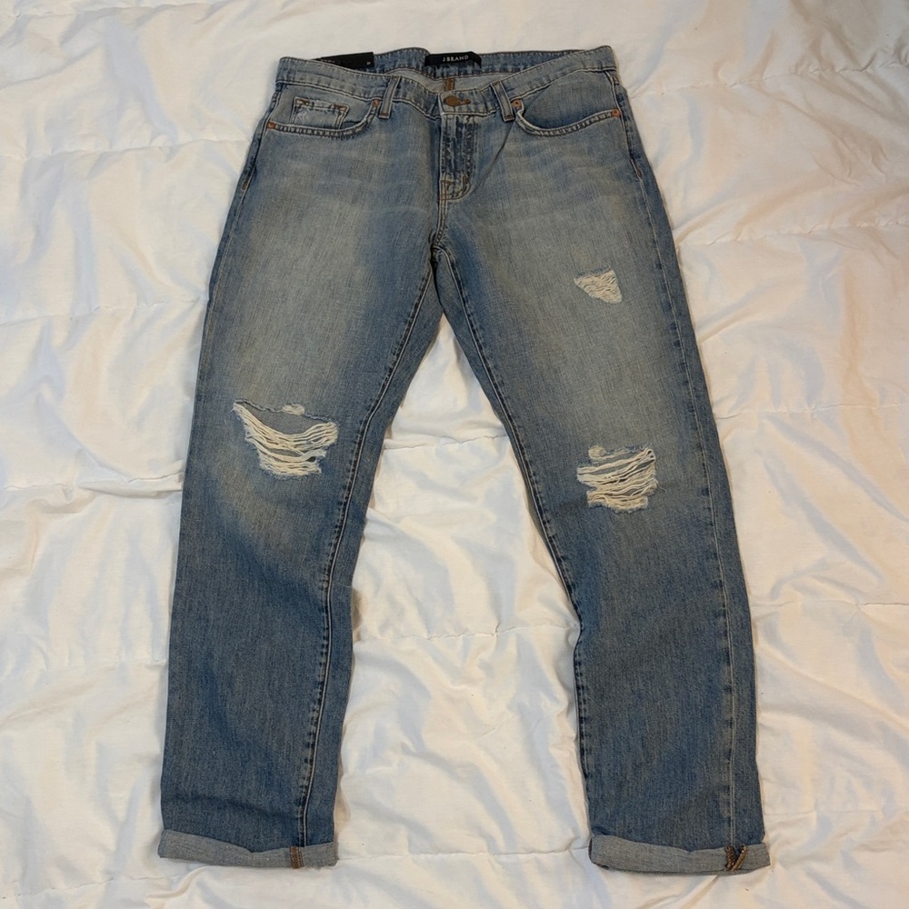 Never worn J Brand Aidan distressed boyfriend jeans linen cotton blue size 27